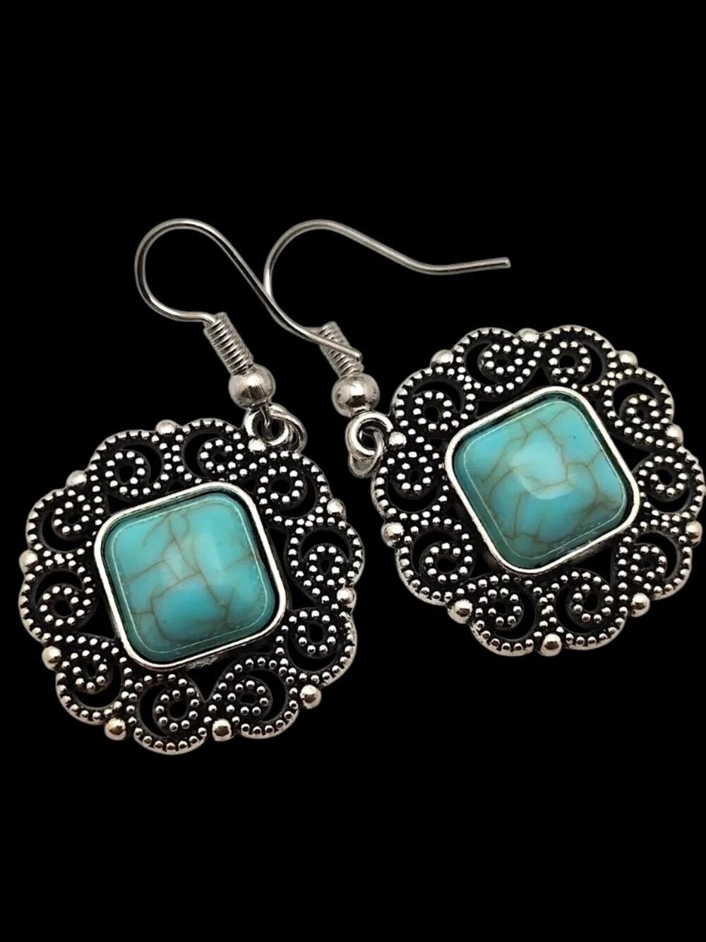 Pierced Dangle Earrings Turquoise colour dyed Howlite & Silver-Tone Filigree